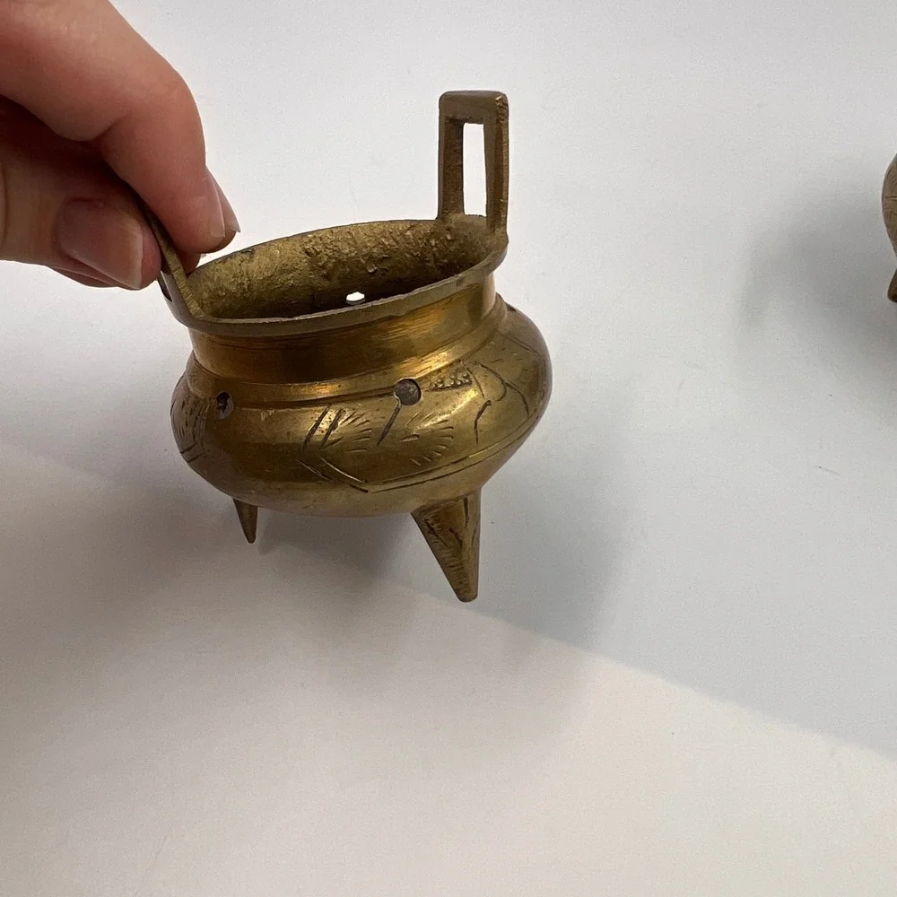 Vintage Chinese Cast Brass Miniature Incense Burners Censer Pair Tripod Handled